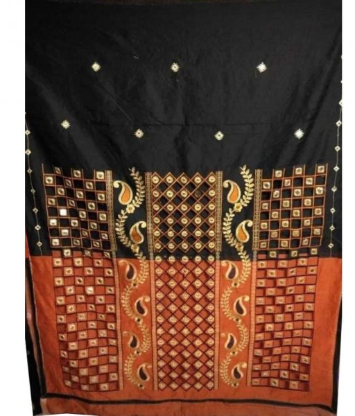 Black &amp; Orange Cotton Silk Cut Work Saree